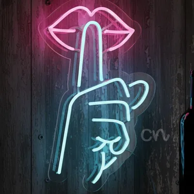 Custom Neon | Shhh Neon Sign | Lips & Finger Quiet Gesture Wall Art | 21x13 Inches | Pink & Blue
