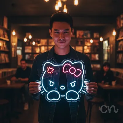 Custom Neon | Cat Face Neon Sign | 19x24 | Red Purple Neon Sign for Home Decor