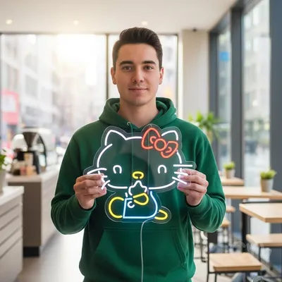 Custom Neon | Cat with Bow Neon Sign | 21x24 | Red Ice Blue Yellow