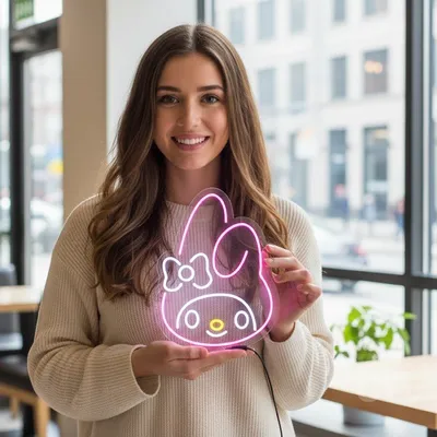 Custom Neon | Rabbit Face with Bow Neon Sign | 23x17 | Hot Pink White Yellow