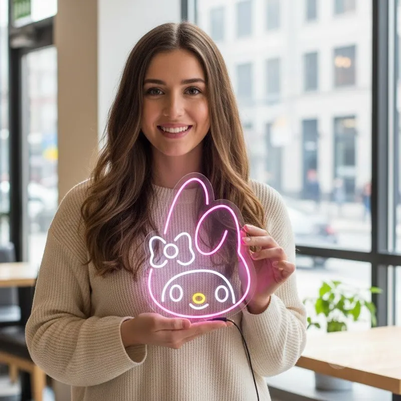 Custom Neon | Rabbit Face with Bow Neon Sign | 23x17 | Hot Pink White Yellow