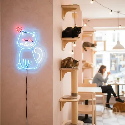 Custom Neon | Cat with Heart Neon Sign | 22x15 Inches | Red Ice Blue Warm White