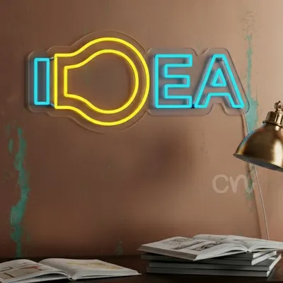 Custom Neon | Custom Neon Sign | IDEA Word Design with Light Bulb as Letter D | 11x24 Inches | Yellow,Blue