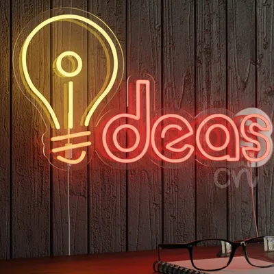 Custom Neon | Ideas Light Bulb Neon Sign | Motivational Wall Art for Offices, Cafes & Creative Spaces | 14x24 inch | Yellow, Red & Orange