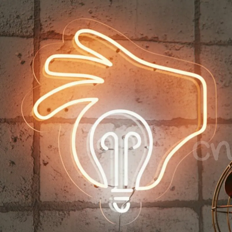 Custom Neon | Custom Neon Sign | Hand Holding Light Bulb Design | Orange and White Glow | Size 19x18 Inches