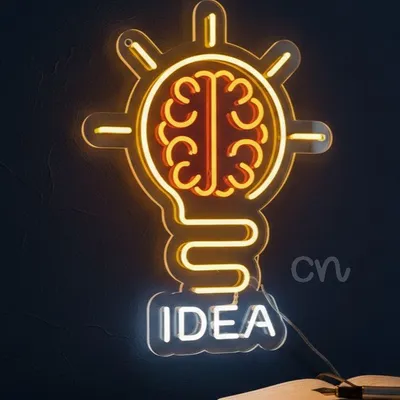 Custom Neon | IDEA Brain Light Bulb Neon Sign | Inspiring Creativity and Innovation for Offices, Homes, Cafes, Studios, and Workspaces | Unique Wall Art Decor | 23x17 Inches | Yellow and Orange