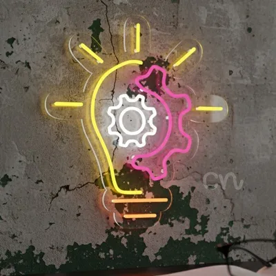 Custom Neon | Light Bulb with Gear Neon Sign | 21x19 | Yellow, Pink, White, Orange