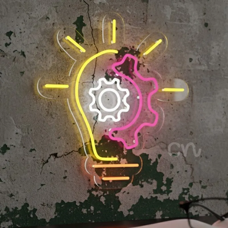 Custom Neon | Light Bulb with Gear Neon Sign | 21x19 | Yellow, Pink, White, Orange