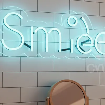 Custom Neon | Smile Word Neon Sign with Happy Emoticon | Blue & White | 3x23