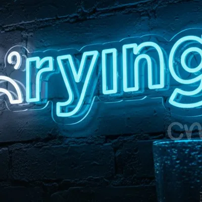 Custom Neon | Crying Word Neon Sign with Sad Face Icon | 8x24 | Blue & White