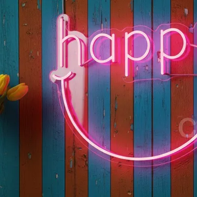 Custom Neon | Happy Word Neon Sign with Smile Curve | 20x24 | Pink