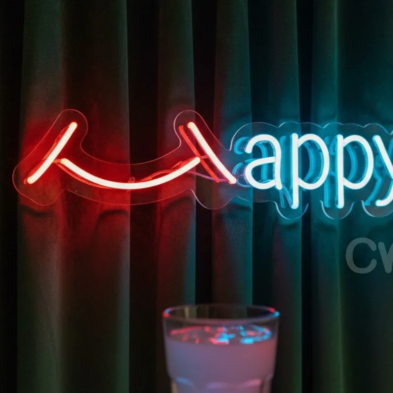 Custom Neon | Happy Word Neon Sign with Smile Design | 6x24 | Red & Blue