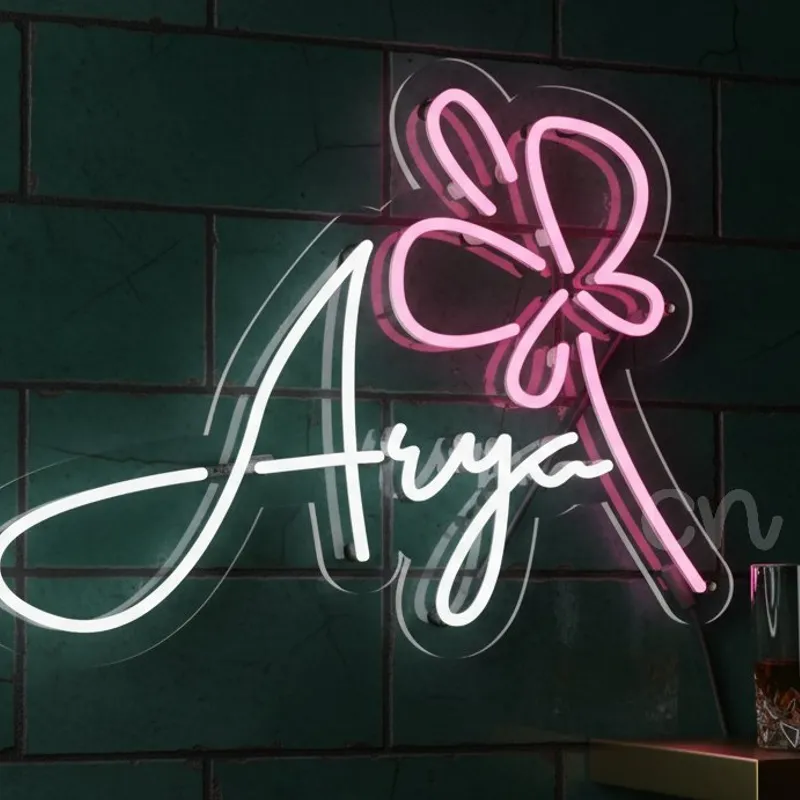 Custom Neon | Arya Name Neon Sign with Flower Design | 16x21 | Pink & White