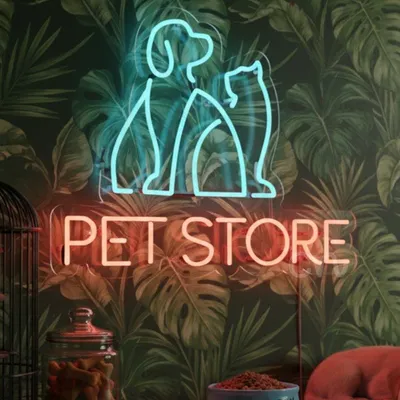 Pet Store Neon Sign 18x23 Inch – Blue Dog & Cat Outline with Red “PET STORE” LED Neon Light for Animal Shops, Grooming Salons, Veterinary Clinics, Adoption Centers & Pet Boutiques