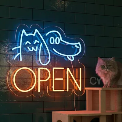 19x22 Pet Open LED Neon Sign – Blue Cat & Dog Outline with Orange “OPEN” – Bright Window Light for Pet Stores, Grooming Salons, Veterinary Clinics, Animal Boutiques, and Pet Daycare Businesses