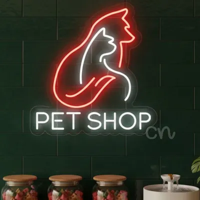 Custom Neon | Pet Shop LED Neon Sign | Red and White Cat and Dog Design | 21x20