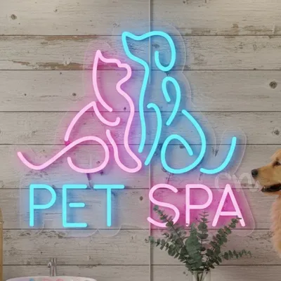 Custom Neon | Pet Spa LED Neon Sign with Dog and Cat Outline |Bright Pink & Blue | 17x20