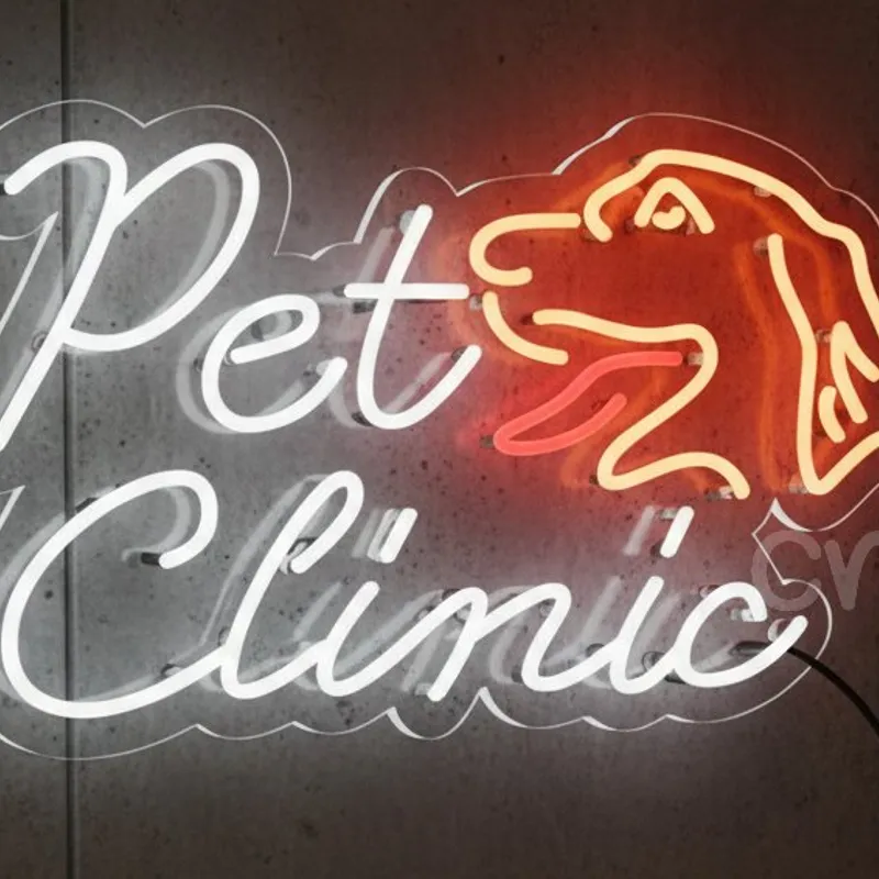 Custom Neon | Pet Clinic Neon Sign with Dog Head Design | 14x24 | Multicolor (White, Orange, Red)