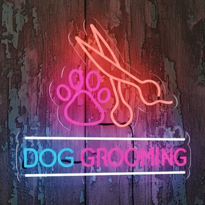Custom Neon | Dog Grooming Neon Sign with Paw and Scissors | 21x14 | Multicolor (Blue, Pink, Red)