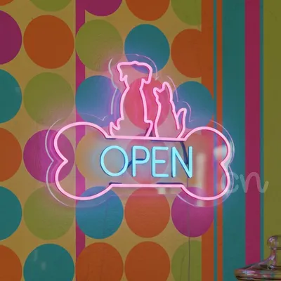 Custom Neon | Custom Pet Bone Open Neon Sign with Dog and Cat Silhouette | 17x24