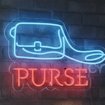 Purse Neon Sign 15x24 Inch | Blue & Red LED Neon Light with Purse Outline and Text | Fashion-Inspired Neon Artwork for Bedroom, Closet, Living Room, Retail Stores, Salons, Boutiques, Events & Parties